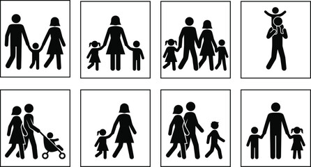 Family pictogram icons set, parents with children silhouettes, parenting concepts, happy family activities, child care symbols, modern flat design, social relationship illustration