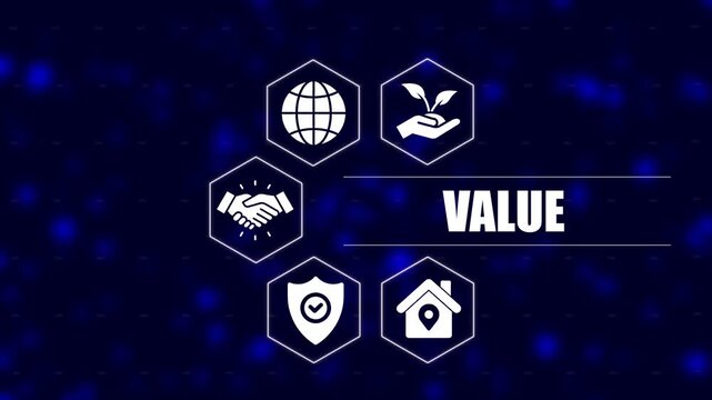 Business Value Set with Globe, Hand Holding Plant, Handshake, Shield with Checkmark, and House with Location Pin on Dark Blue Background with Bokeh Lights