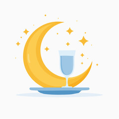 Stylized illustration of crescent moon with a glass of water on a plate