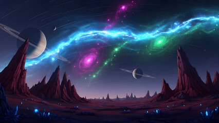 Obraz premium Vibrant galaxy landscape with planets and colorful nebulae in space