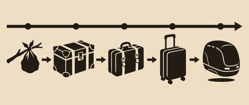 Evolution of travel luggage and transport timeline vector illustration