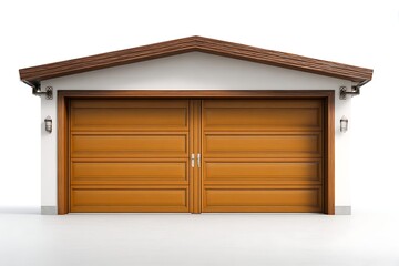 A white house with a closed wooden garage door isolated on white