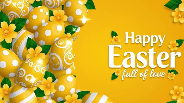 Happy easter greeting card with yellow eggs and flowers on orange background