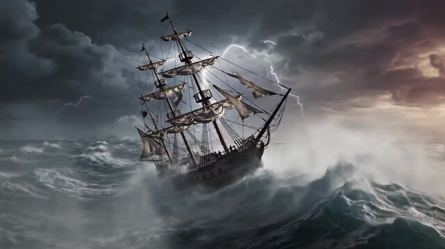Old sailing ship battling massive waves and dark storm clouds with lightning strikes at sea