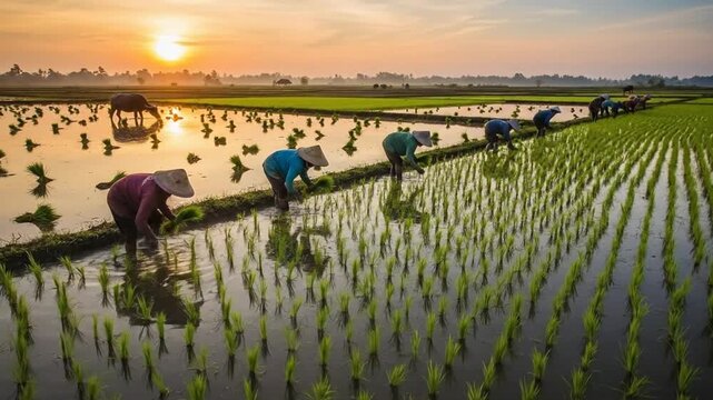 Rice Paddy Planting at Sunrise - A Serene Agricultural Scene.