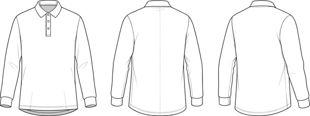 Long sleeve polo shirt technical fashion flat sketch, front back views apparel design template isolated vector outline mens clothing garment mockup blueprint line drawing