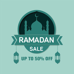 Fototapeta premium Ramadan sale banner with mosque and lanterns