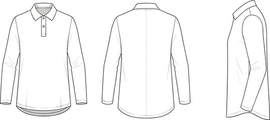 Long sleeve polo shirt technical flat sketch, front back side views, apparel fashion design template, vector outline garment drawing for clothing manufacturing and production