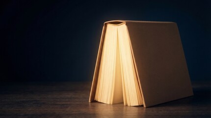 Open hardcover book emitting warm light in cinematic style, golden tones, magic knowledge concept with copy space