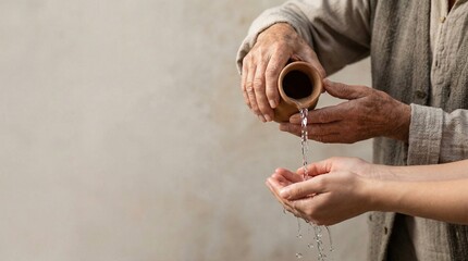 Elderly individual with reverent mood performing ceremonial hand cleansing against a minimal backdrop with copy space