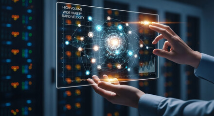 Close up of hands interacting with a high-volume big data dashboard display showing wide variety and rapid velocity metrics in a dark server room tech environment.