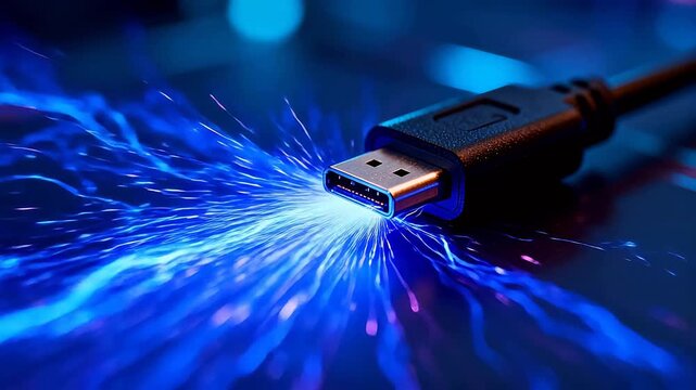 USB cable with glowing energy waves and dynamic light effects