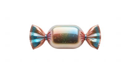 Luxurious iridescent candy wrapper featuring a beautiful pastel shimmer and metallic copper twists isolated on transparent background