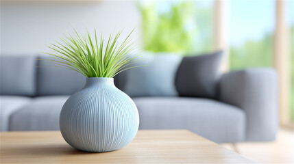 Minimal still life of small ceramic vase with green plant on wooden table, soft daylight and blurred sofa background, cozy modern home decor concept with copy space.