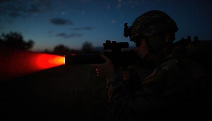 Shadowed Sentinel: A soldier, silhouetted against the night sky, expertly aims a rifle, its illuminated sight painting a stark contrast in the darkness.