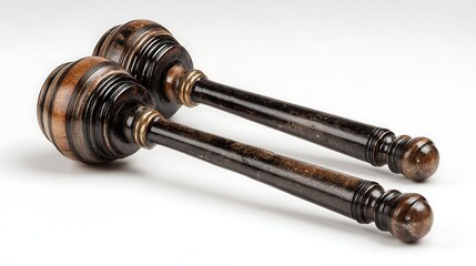 Two antique wooden mallets with detailed handles rest on a white surface