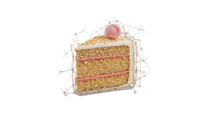 Delicious slice of layered yellow cake with creamy white frosting pink filling and a small pink decorative element on top on transparent background