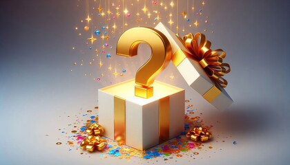 A golden question mark is inside the gift box.