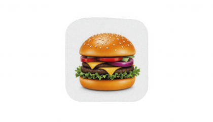 Delicious towering double cheeseburger illustration featuring sesame seeds fresh lettuce tomato and onion on transparent background