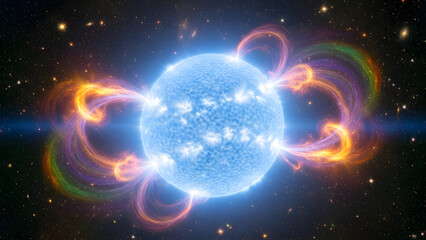 Vibrant blue planet with colorful energy field in space