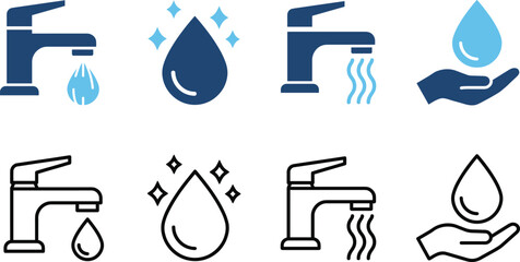 Water tap icons set, clean water drops, hand hygiene symbols, faucet hot water signs, plumbing vector illustration, sanitation and healthcare concept design