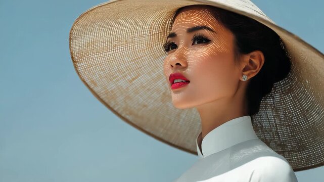 A pretty Vietnamese model wearing a traditional white &Aacute;o d&agrave;i and a cone hat (n&oacute;n l&aacute;), standing gracefully under bright sunlight.
