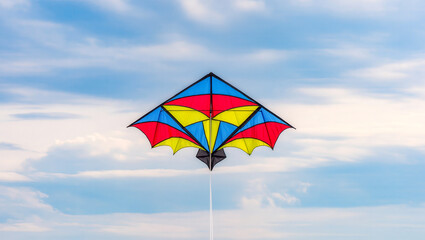 Colorful Diamond Kite Soaring High in a Cloudy Sky.
