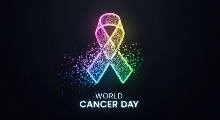 World Cancer Day awareness ribbon glowing with colorful particles symbolizing hope and the fight against disease.