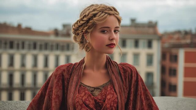 A pretty young Caucasian woman with blonde hair styled in a braid hairstyle, seen from a high viewpoint on top of a building