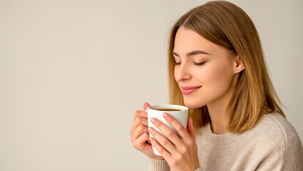 Young woman enjoying the comforting aroma of a hot coffee mug.