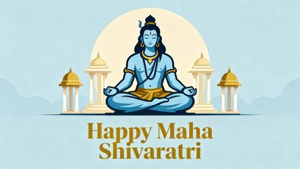 Lord Shiva Meditating in Lotus Pose with Golden Pillars and Text Happy Maha Shivaratri.