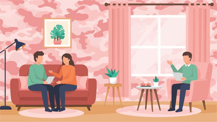 A flat illustration of a couple on a sofa consulting with a man in an armchair in a pink room