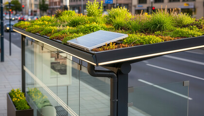 Modern urban green roof with solar panel and lush vegetation.