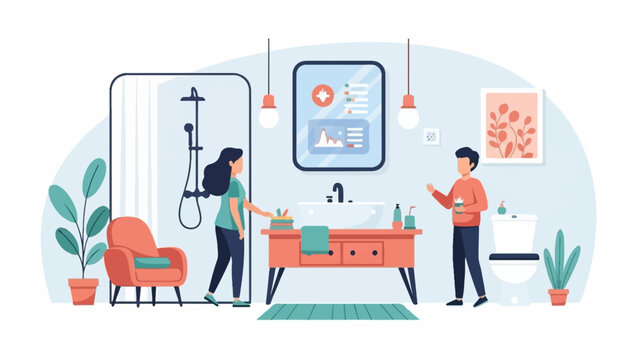 A flat illustration of a couple in a modern smart bathroom with connected technology and plants