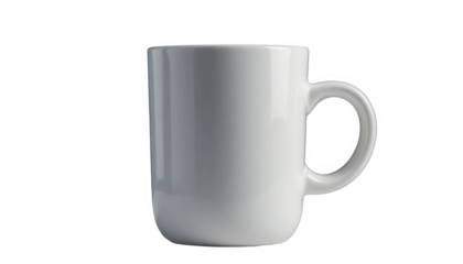 Simple and clean white ceramic coffee mug shown in profile perfect for branding mockups on transparent background