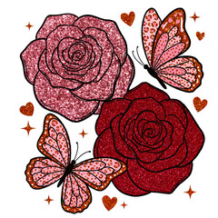 Red Glitter Roses and Leopard Print Butterflies Sublimation Design