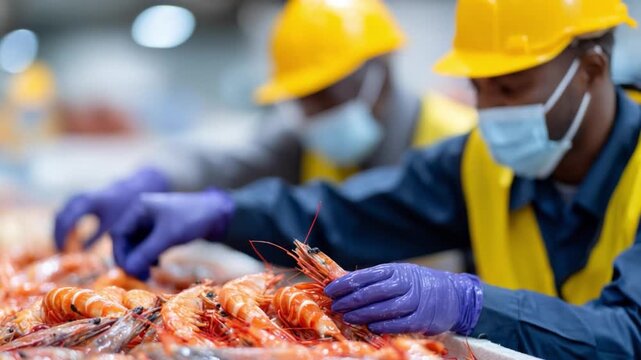 Shrimp Processing: Two dedicated workers, clad in safety gear and face masks, meticulously examine a bountiful harvest of succulent shrimp within a bustling processing facility.