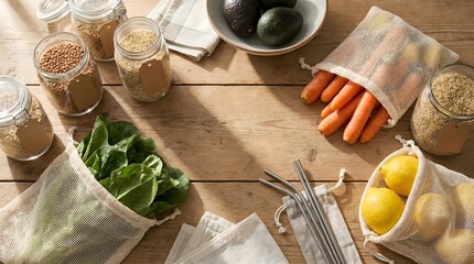 A wooden table with various eco-friendly food storage items and fresh produce