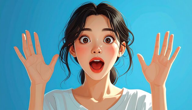 Surprised young woman with hands up.