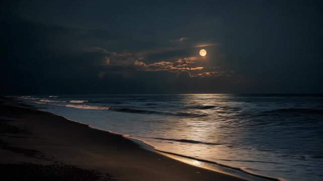A moonlit ocean scene at a quiet beach during a calm and peaceful full moon night. Soft moonlight reflects on gentle waves, creating a serene and tranquil atmosphere that evokes relaxation