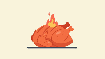 A flat illustration of a roasted chicken on a platter, with a small flame erupting from its back