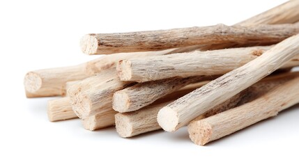A close up of several pale cylindrical wooden sticks against a white background