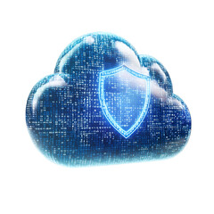 Cloud Data Security: A digital cloud, symbolized by glowing patterns, incorporates a shield, emphasizing the secure protection of digital data within.