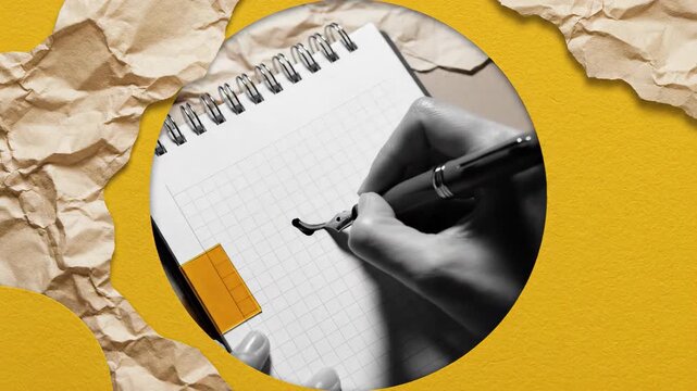 Hand writing with fountain pen on graph paper in notebook, creative process concept with yellow and crumpled paper background