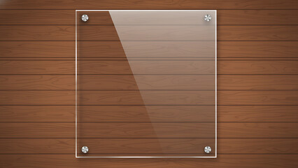 Vertical Glass Plaque Mockup on Mahogany Wood Texture Wall