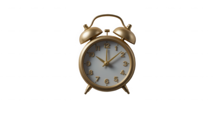 Classic twin bell alarm clock rendered in polished gold metal featuring a white face and clear hour markers on transparent background