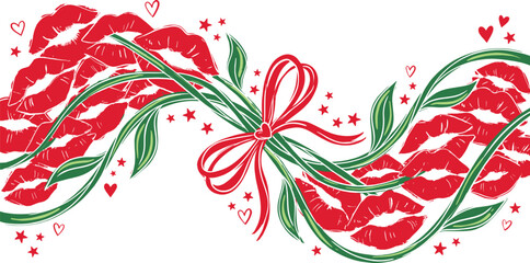 Red Lips and Green Vines Valentine's Day Border with Bow