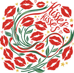 "Kisses Kisses" Typography Design with Red Lip Flowers and Vines Illustration