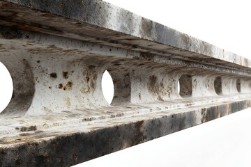 Close up of a weathered concrete beam with circular openings and rust