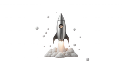 Detailed view of a classic silver retro rocket blasting off with thick white smoke plumes and small floating elements on transparent background